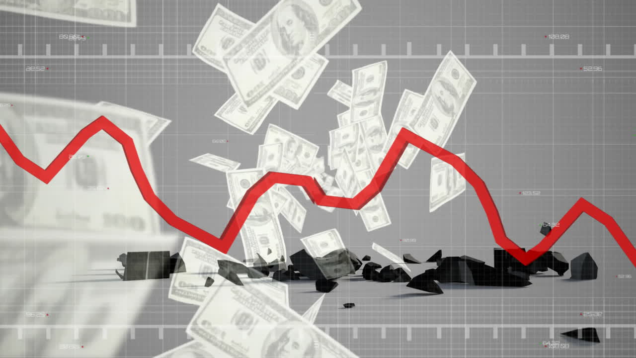 Falling red graph line and dollar bills animation over financial crisis concept