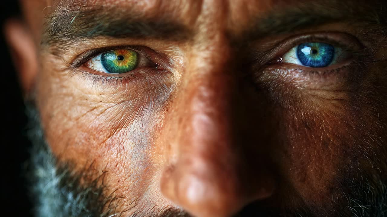 Captivating Close-Up of a Face Highlighting Unique Multicolored Eyes, Showcasing Expressions and Textures of Skin in a Stunning Portrait