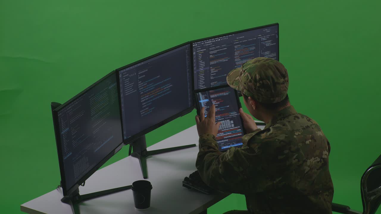 Side View Of Asian Man Soldier Developer Working With Tablet While Write Code With Multiple Computer Screens In Green Screen Studio