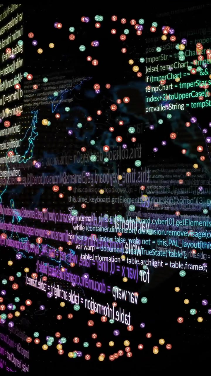 Animation d'une sphère en rotation de points colorés et de code de programmation