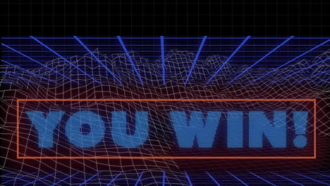 animación de usted ganar texto en letras azules sobre el fondo metaverso
