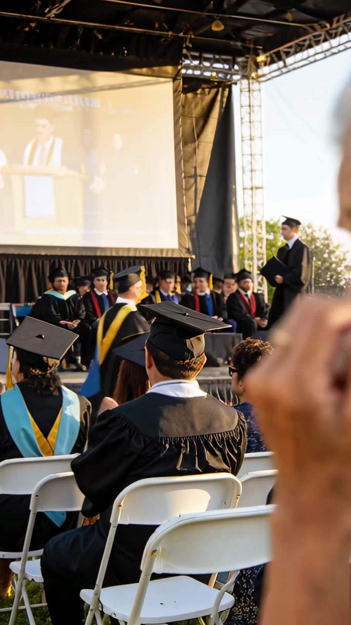 Verticale video: Omroepen van afgestudeerden in toga die het podium betreden voor hun diploma, vrouw die een traan wegveegt, ruimte voor tekst