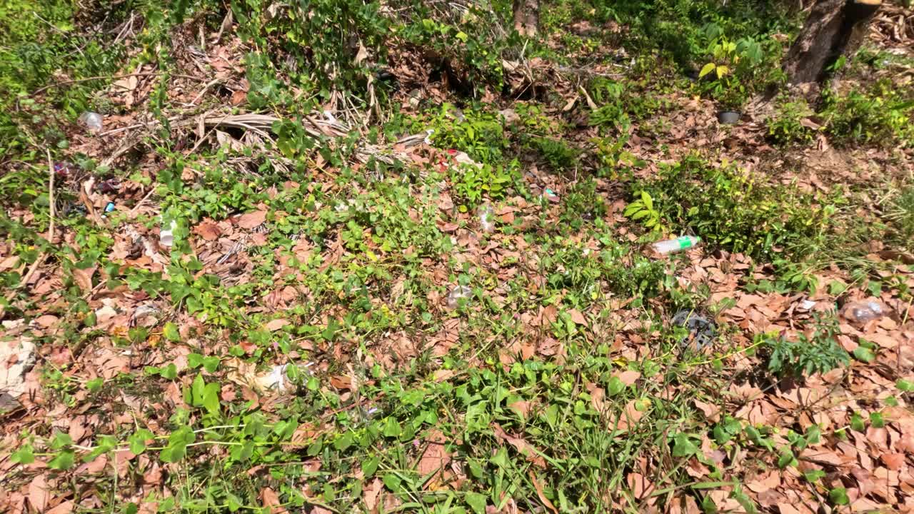 Plastic waste and trash pollute a leafy, green rubber tree plantation in Phuket, Thailand