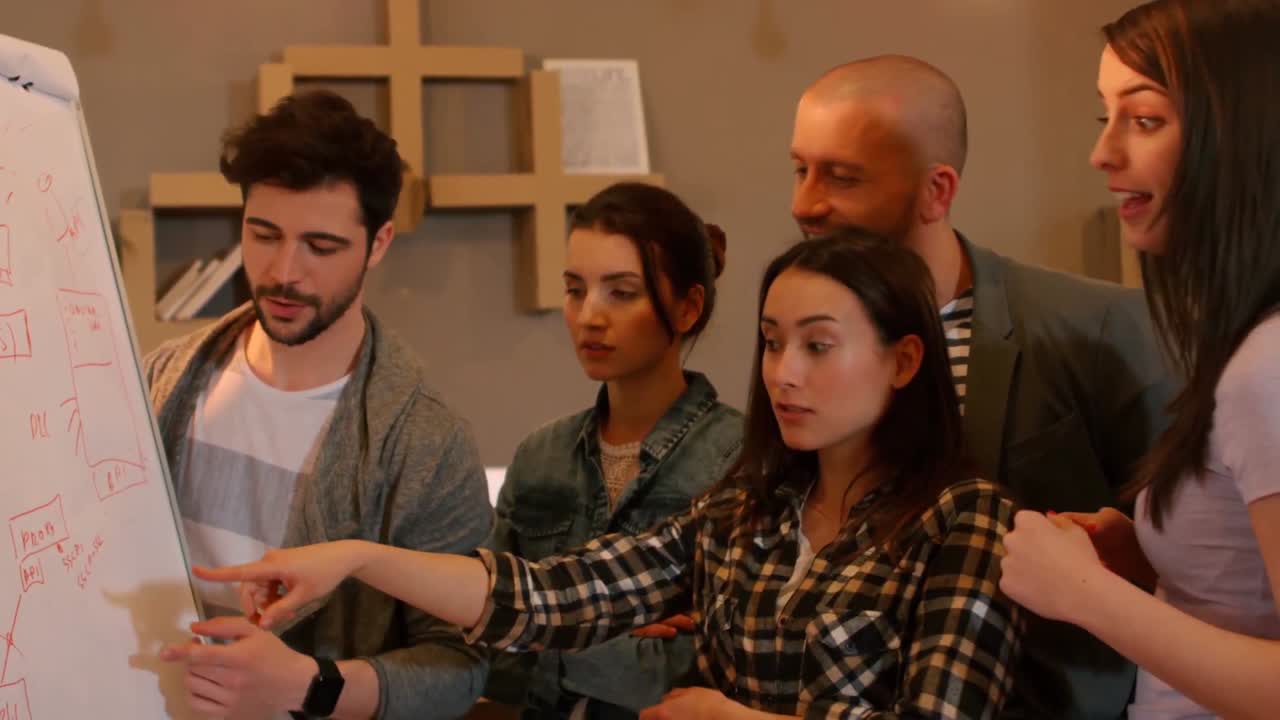 colegas discutiendo planes en la pizarra blanca