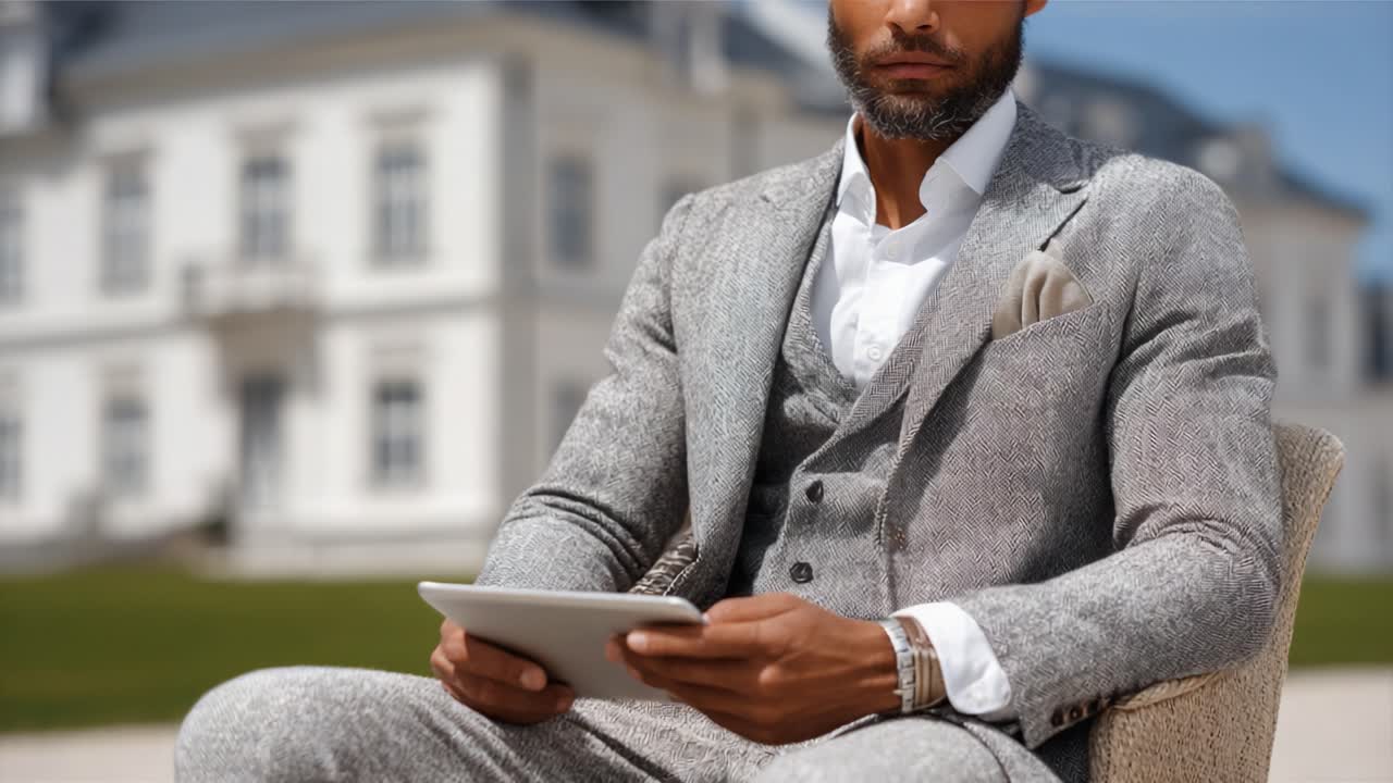 A Modern Elegant Professional Relaxing in Luxury Attire While Engaging with a Tablet, Set Against a Lavish Architectural Background