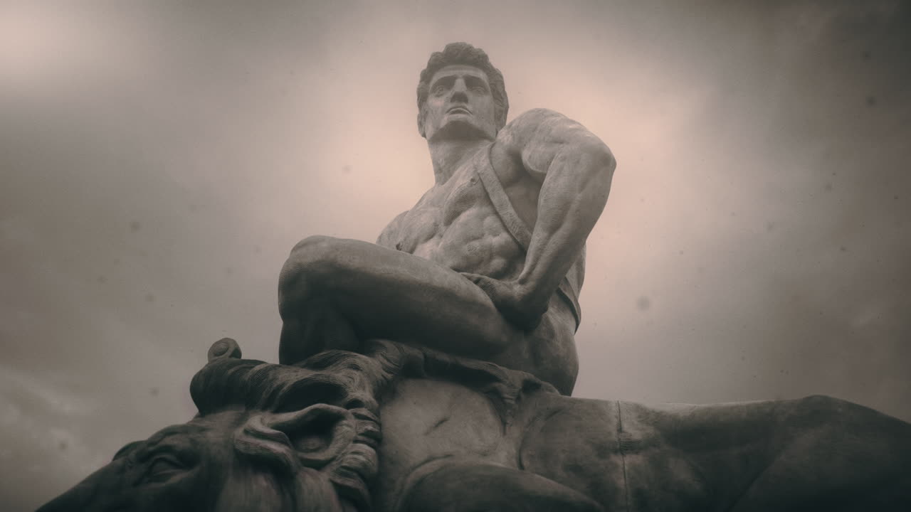 Epic, ancient stone statue on cloudy day and windy weather.
