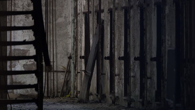 Decrepit prison cells and staircase