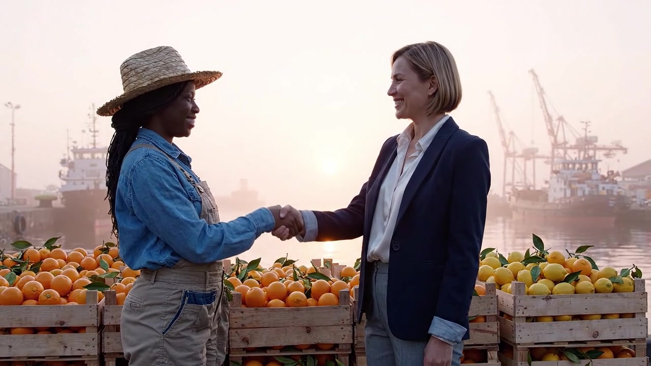 Un caloroso incontro mattutino tra due donne in un mercato della frutta vicino al porto, che celebra la collaborazione e la connessione in un suggestivo scenario nebbioso.