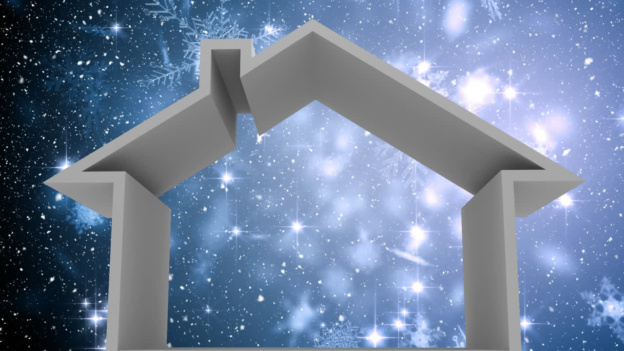 집 모양과 크리스마스 스노우플레이크 패턴 위에 내리는 눈의 애니메이션