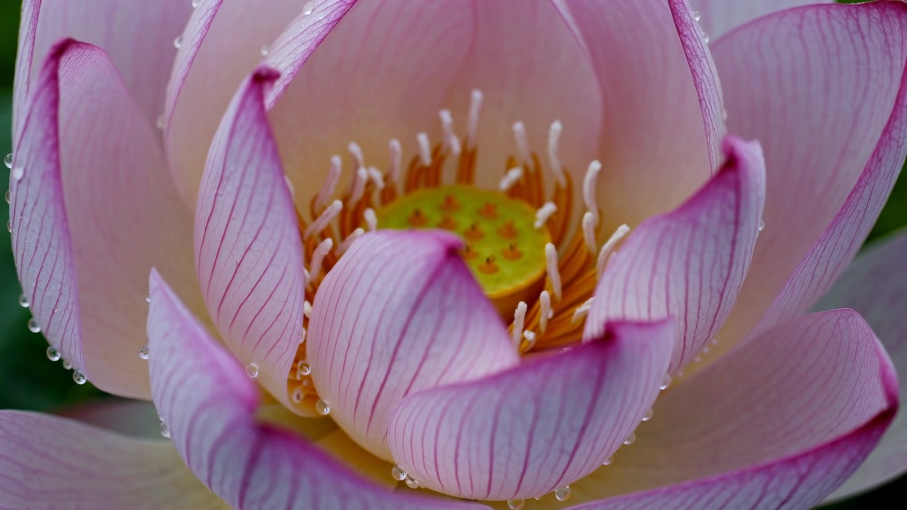 Nærbilde av en blomstrende rosa lotusblomst med vanndråper