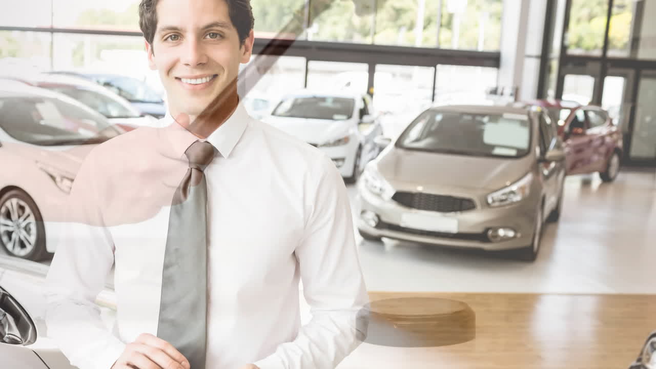 animación digital de un ejecutivo de pie en una sala de exposición de automóviles 4k