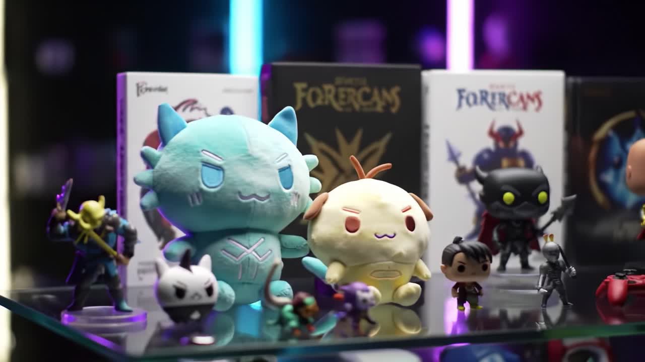 Colorful Display of Adorable Plush Toys and Collectible Figurines Highlighting a Gamer's Paradise with Unique Designs and Playful Characters