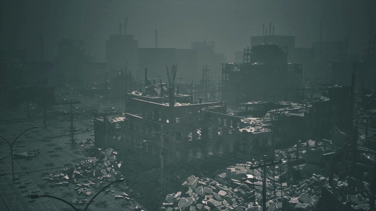 Città desolata dopo il collasso, metropoli abbandonata e cupa al tramonto