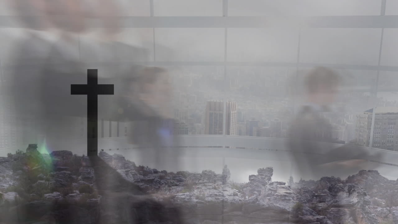 Animation of cross and rocky landscape with people walking in urban setting