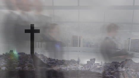 animation of cross and rocky landscape with people walking in urban setting