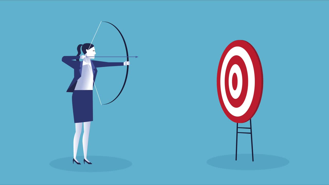 우아한 사업가 여성, 화살과 표적 캐릭터를 가진 노동자