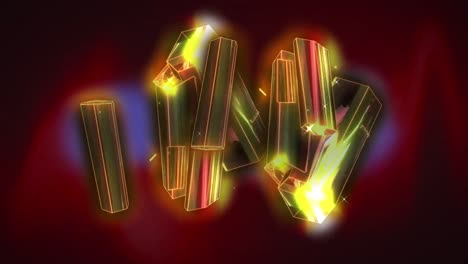 animation of cluster of glowing metallic rods floating on dark red background