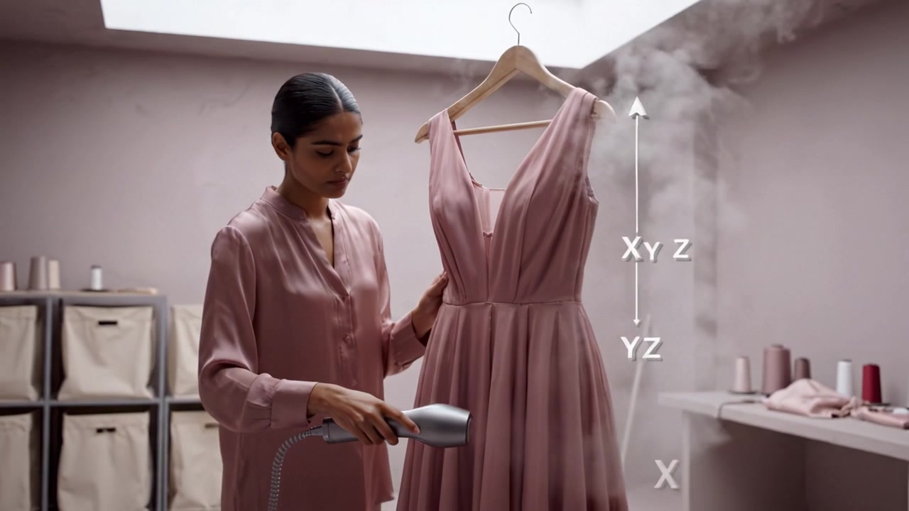 A woman in a stylish pink outfit uses a garment steamer on a beautiful pink dress, showcasing fashion care and attention to detail in a well-lit interior setting.