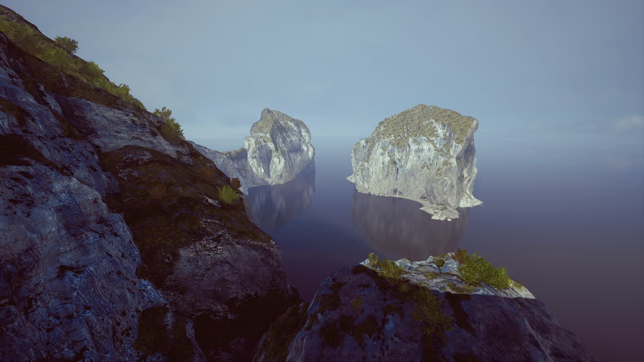 평온 한 물 에 반사 된 바위 섬 들 의 조용 한 아침 풍경