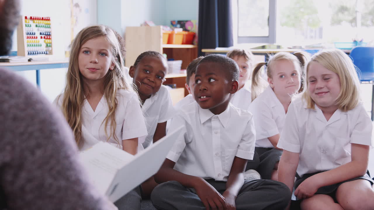 Male Teacher Reading Story To Group Of Elementary Pupils Wearing Uniform In School Classroom