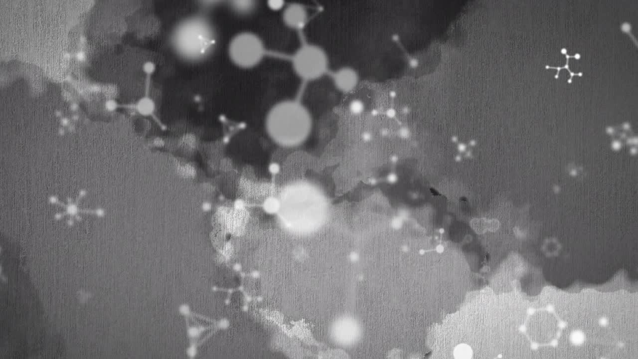 Glowing spheres drifting from edges forming nodes and dark blotches merging into abstract network