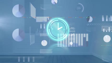 Animation-of-moving-clock-and-diverse-data-processing-over-blue-background