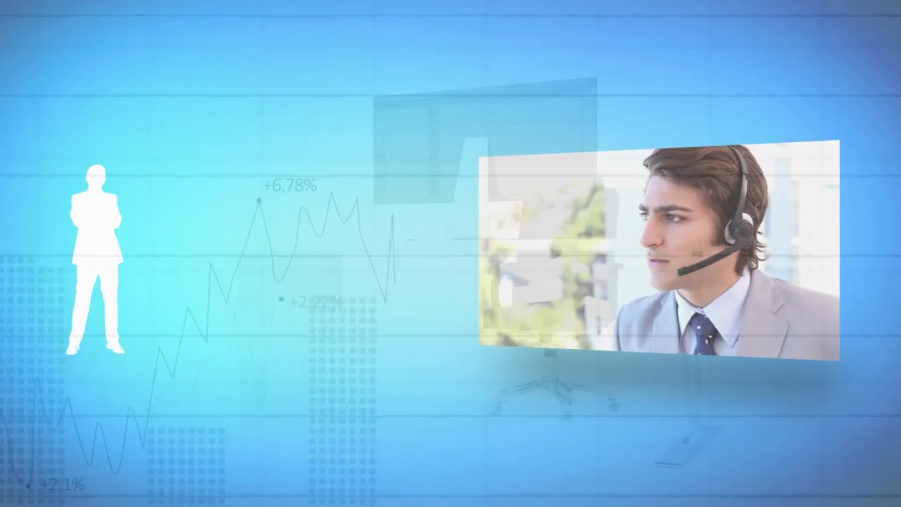Animazione di elaborazione dati finanziari su professionisti di varie etnie che usano cuffie telefoniche