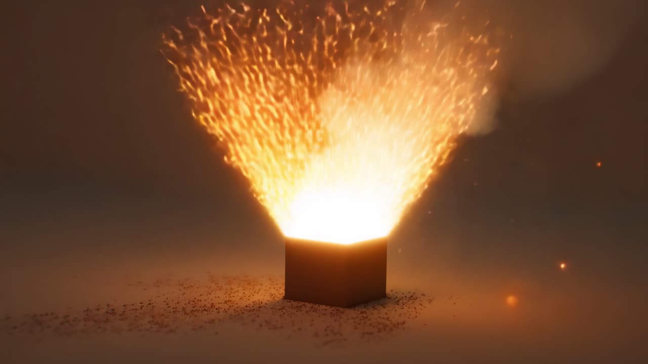 A Captivating Visual Transformation: A Mystery Box Erupts with Luminous Sparks and Fiery Flames, Creating a Stunning Display of Light and Energy in a Darkened Environment