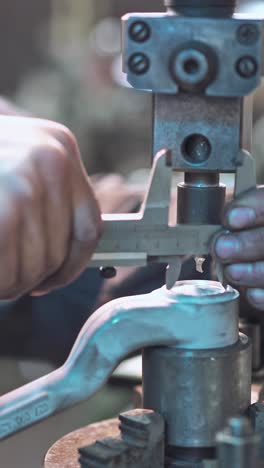 worker is measuring a produced detail by caliper.