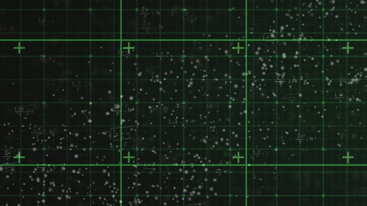 Animation of dna strand and data processing over grid on black background