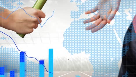 Procesamiento-De-Datos-Estadísticos-Sobre-El-Mapa-Mundial-Contra-La-Mano-Pasando-Un-Bastón-Contra-El-Campo-Deportivo