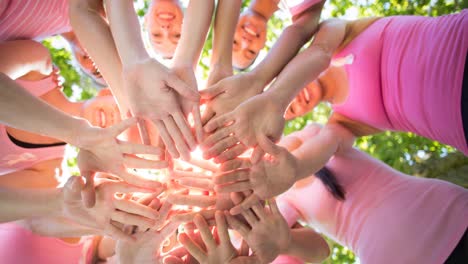 Diverse-group-of-smiling-women-touching-hands-outdoors-in-the-sun