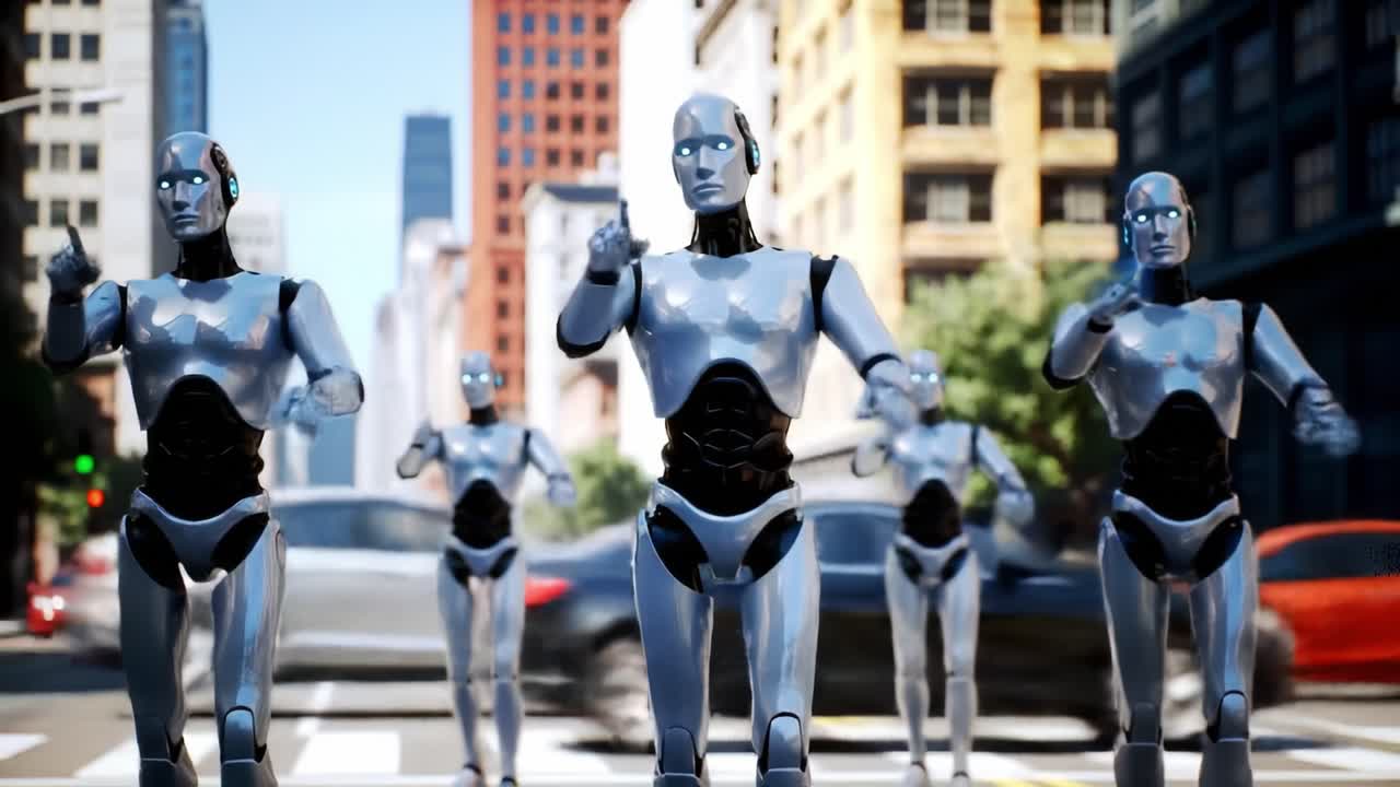 A Futuristic Display of Robots in a Bustling Urban Environment, Showcasing Advanced Technology and Collective Movement Amid City Life