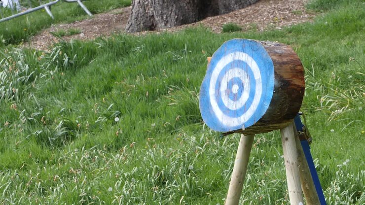 Slow motion footage of a traditional axe being thrown at a circular wooden target