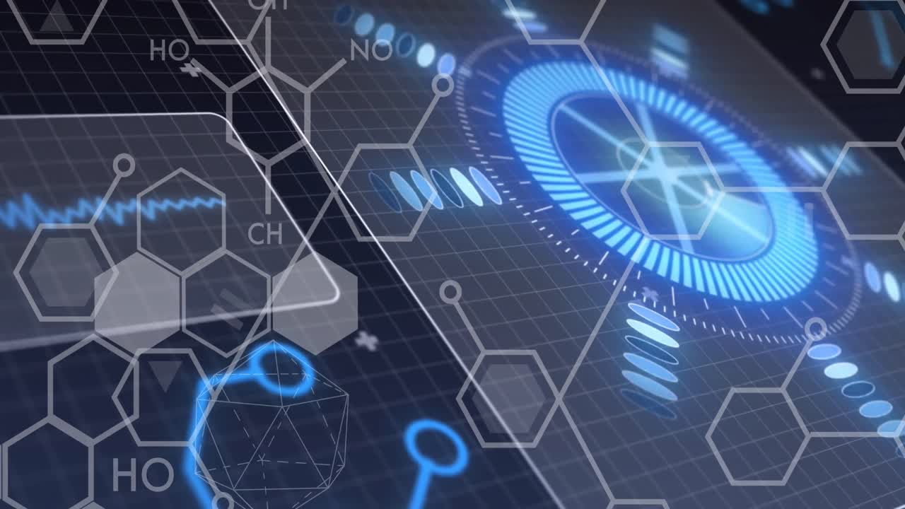 파란색 배경에서 범위의 애니메이션과 과학 데이터 처리