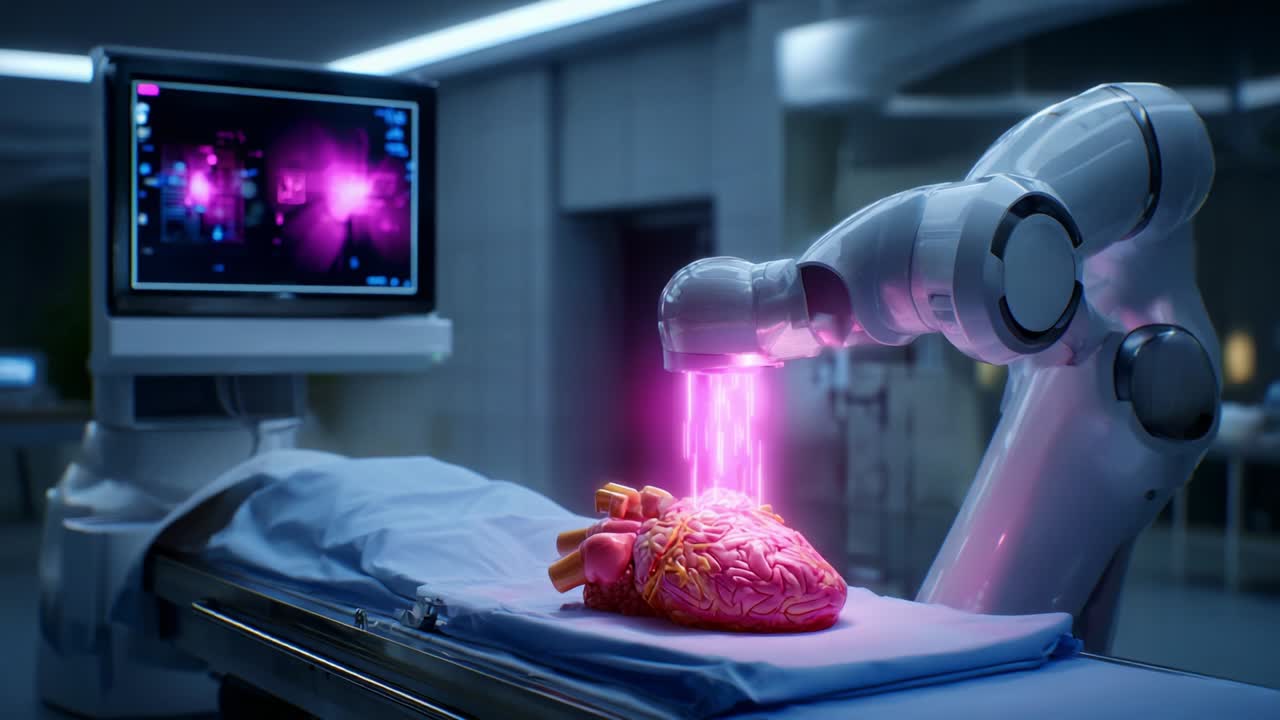 Innovative Medical Technology Showcasing a Robotic Arm Engaging in Precision Procedures on a Heart, Illuminated with Vibrant Light Effects and Sophisticated High-Tech Medical Equipment in a Futuristic Setting