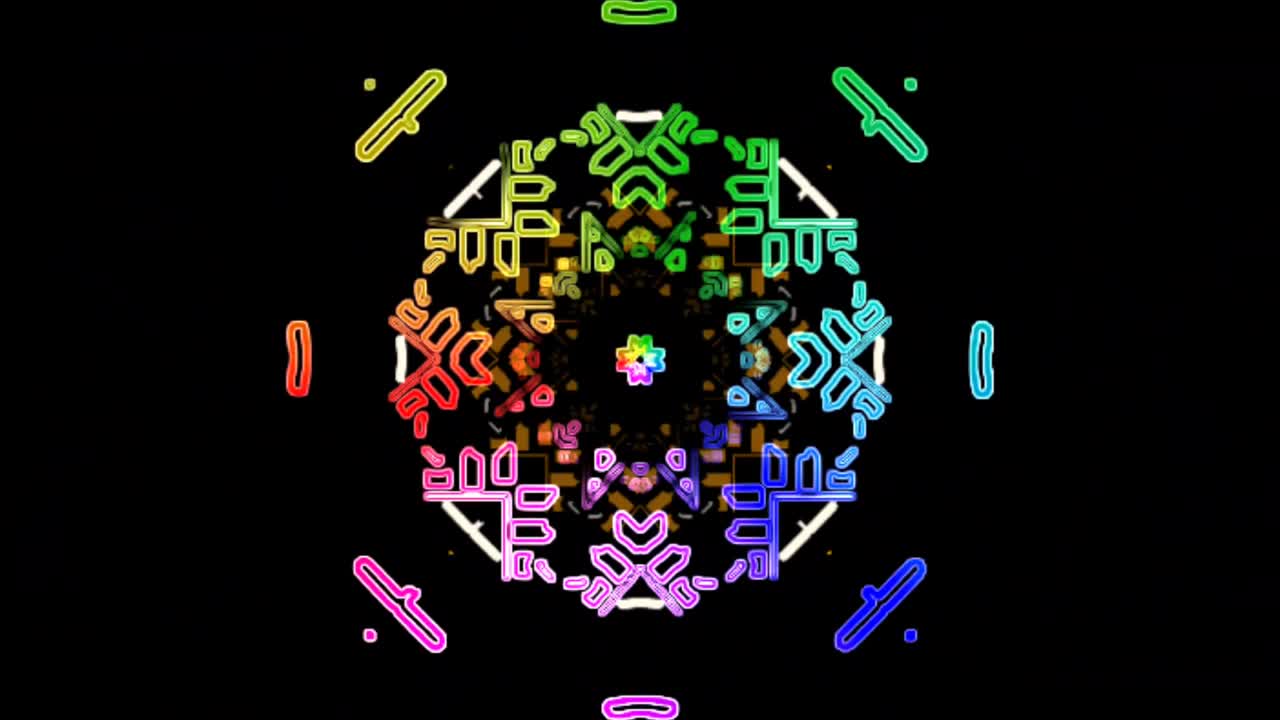 caleidoscopio patrón de línea amarilla fondo de movimiento con luces de neón de colores