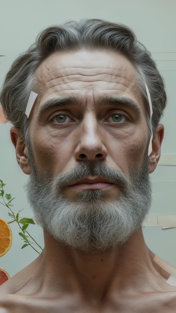 Vertical video: Recording senior man blinking, moving head in studio, with tape around fruit prints
