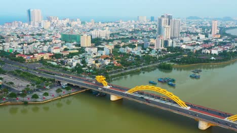 Drone-View-Dragon-Bridge-En-La-Ciudad-De-Da-Nang,-Provincia-De-Quang-Nam-Da-Nang,-Vietnam-Central