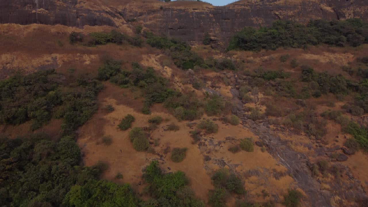 Drone reveals Basalt rock formation in Sahyadri mountains, forest vegetation, Maharashtra, Lonavala