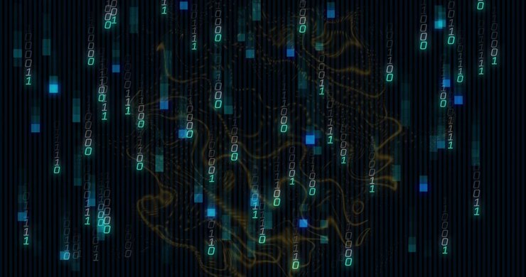 Striped backdrop sparking gold net swirling while teal digits cascading to illustrate data flow