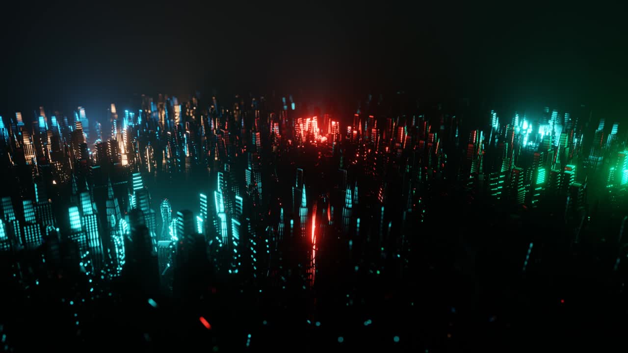 Flight over an abstract neon night city