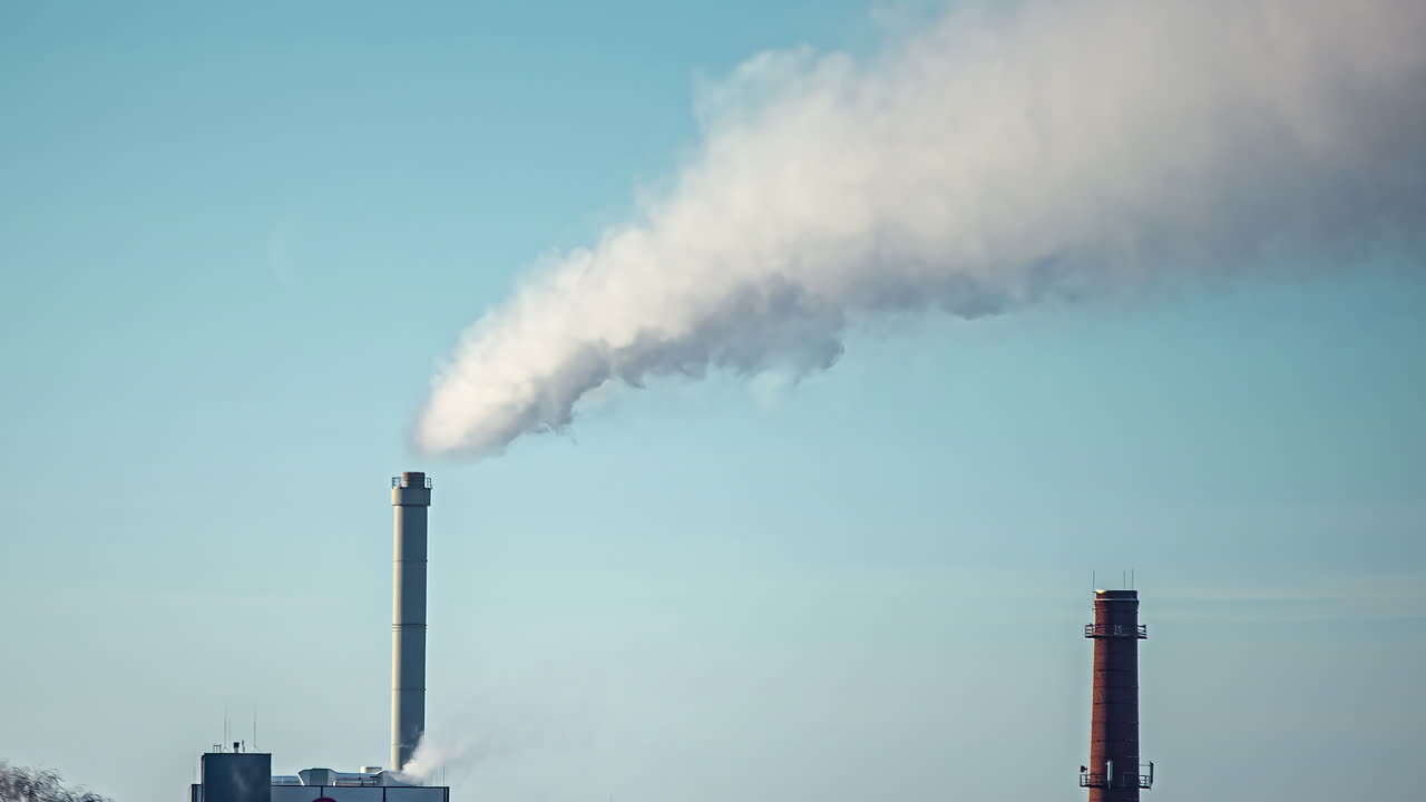 공기를 오염시키는 공장 파이프, 환경 문제 생성, 산업 공장 오염, 굴뚝 배기 가스, 시간 경과