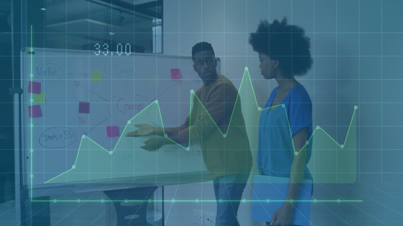 animación de gráficos de datos de negocios sobre colegas discutiendo el proyecto en la pizarra