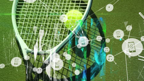 Tennis racket and yellow ball being animated on green tennis court with digital network graphics