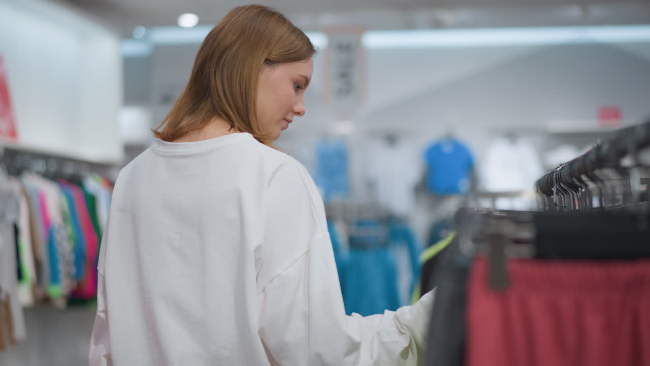 젊은 여성이 빛이 밝은 쇼핑 환경에서 신중하고 정확하게 활기찬 옷을 검사하는 소매점에서 다채로운 옷장을 탐색하는 뒷면