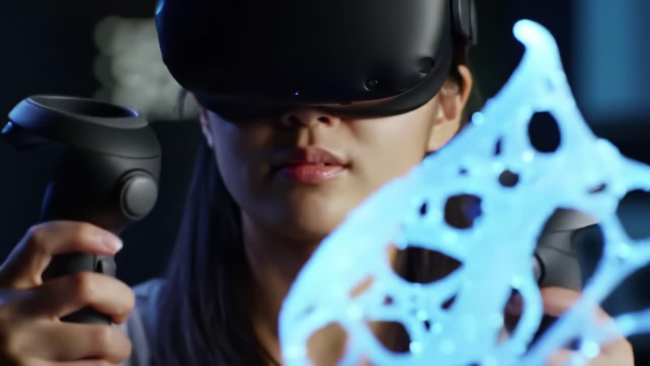 A participant engages in a virtual reality environment, using controllers to manipulate glowing digital art in an innovative creative space. The atmosphere is focused and dynamic.