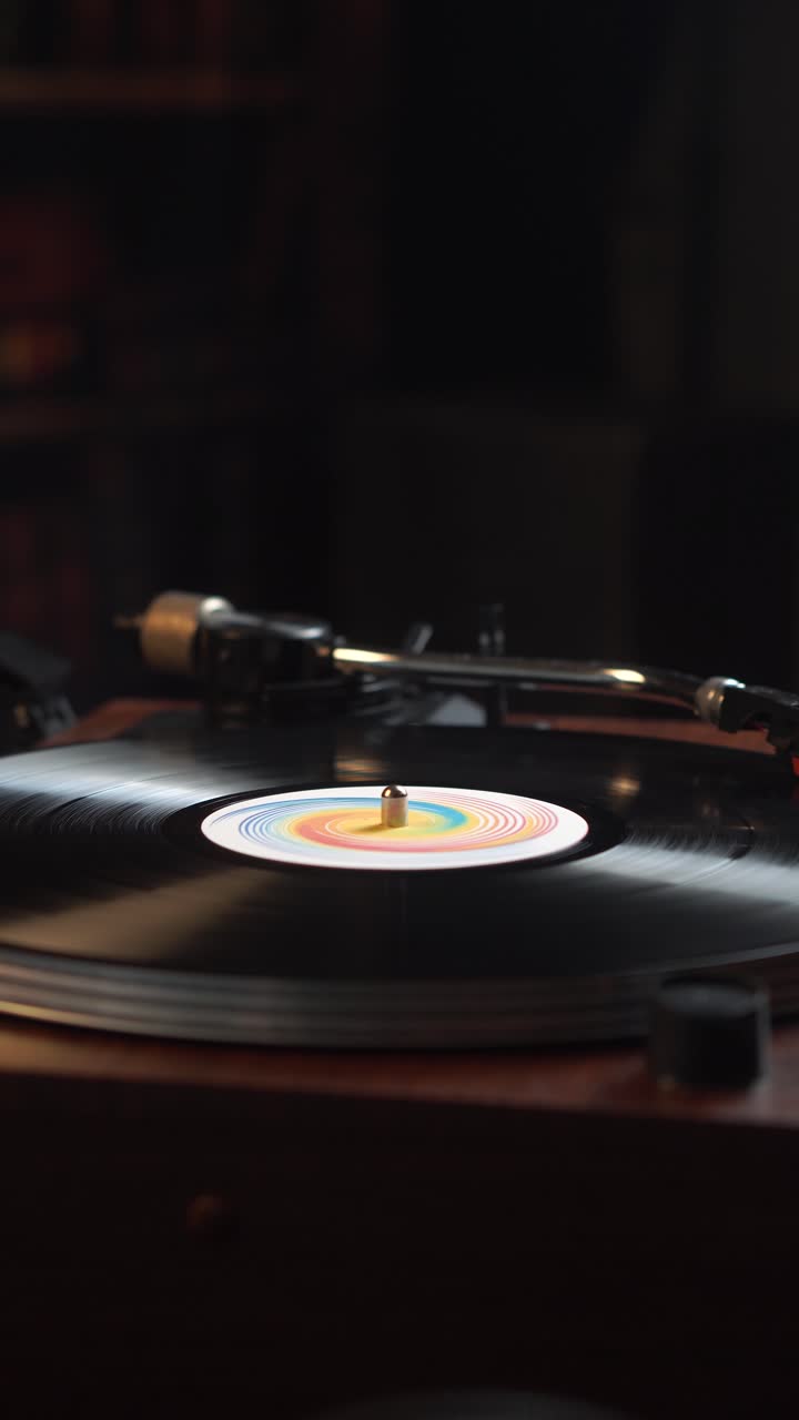 Vertical View of Long Play Vinyl Record Spinning on Turntable in Room