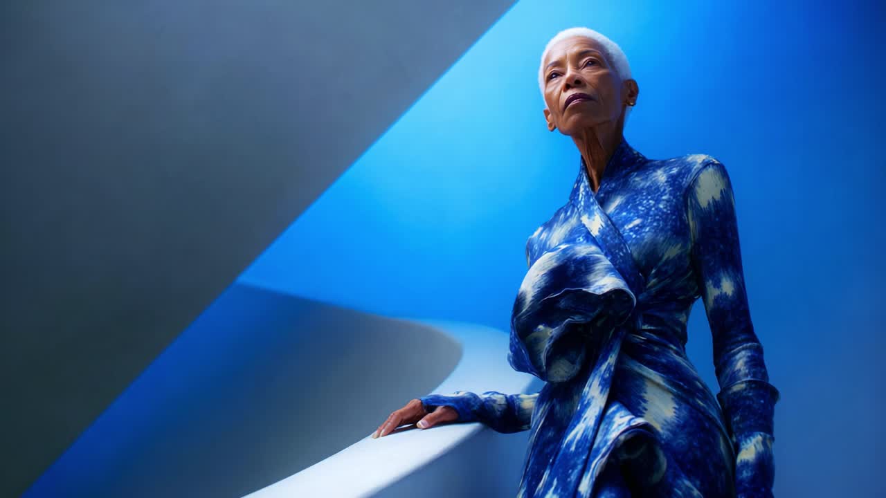 A striking and graceful figure adorned in a beautifully designed blue and white attire, elegantly poised against a vivid blue backdrop, showcases a blend of fashion and artistry