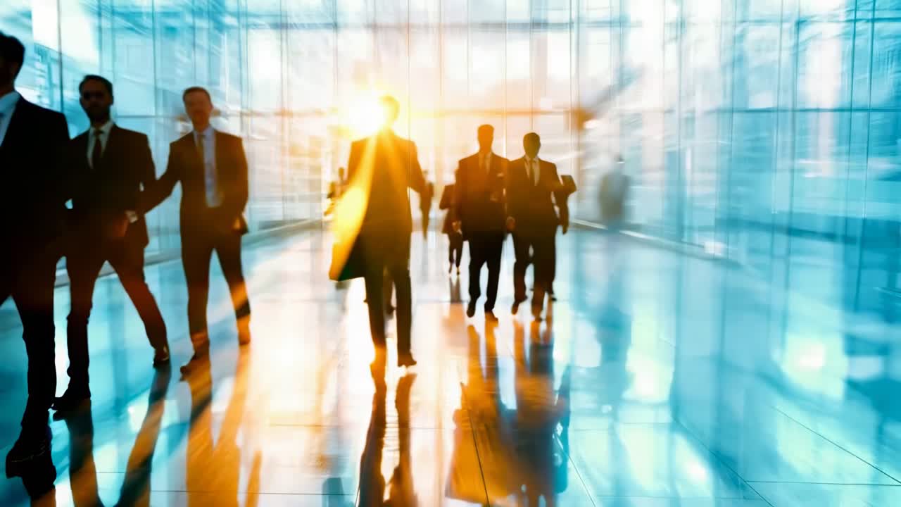 Blurred motion video of businesspeople walking in a modern office lobby